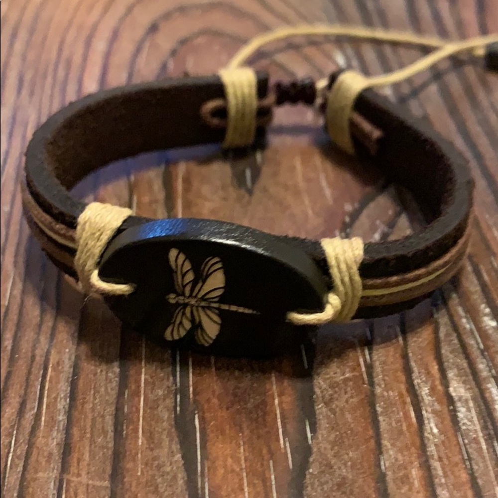 Brown Leather & Wood Dragonfly Bracelet